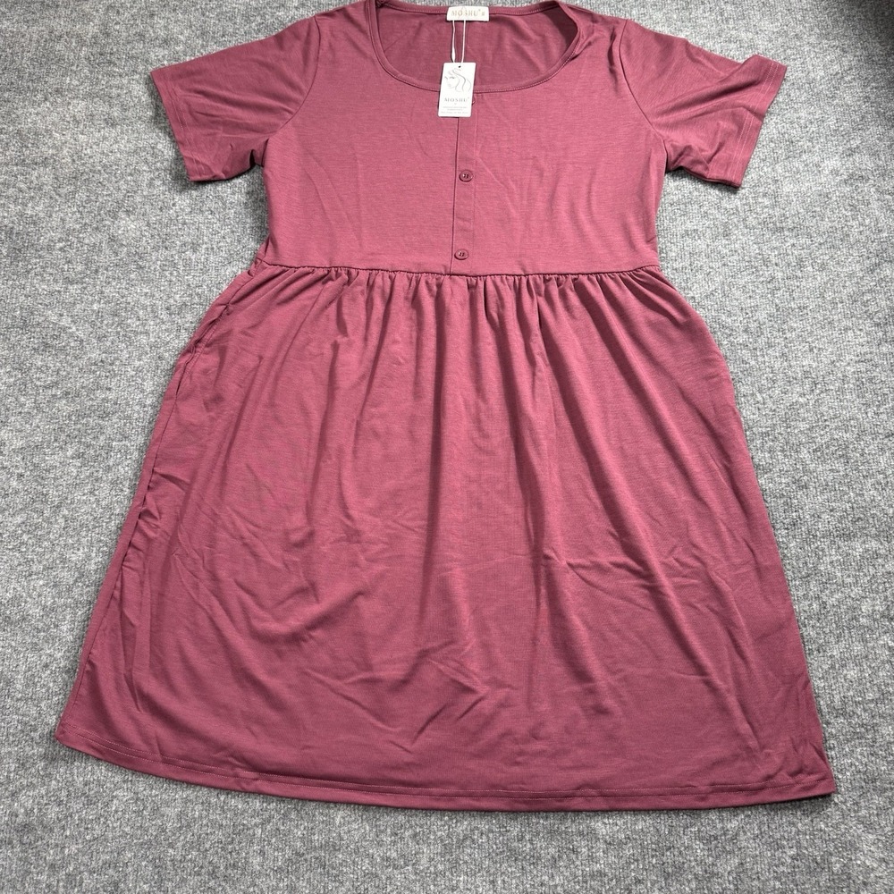 MOSHU NWT Mauve Babydoll Dress Short Sleeve Button Empire Waist Pockets Sz: XL‎